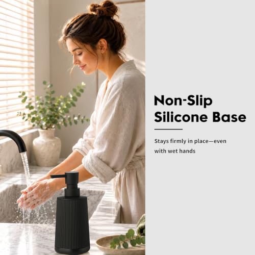 Image of YAUKPH Small Soap Dispenser for Bathroom and Kitchen Black Silicone Base | Modern Farmhouse Striped Style Plastic Hand Soap Dish Soap Dispenser with Pump