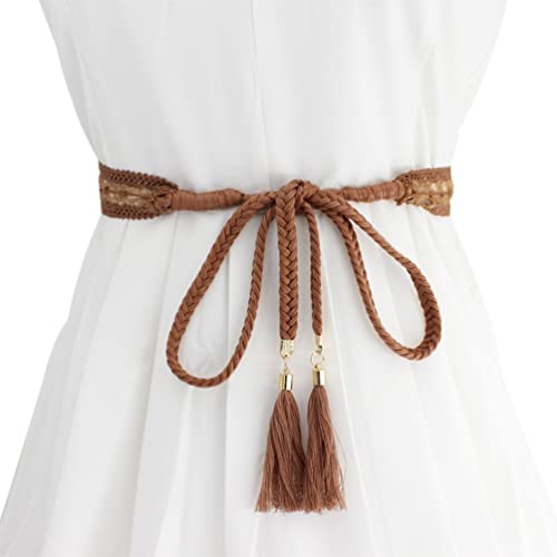 Women Girls Braided Knotted Waist Belt Skinny Mixed Color Rope Exotic Chain Tassel for Dress Skirt