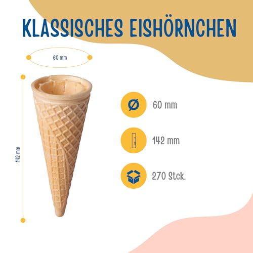 Bazko Klassisches Eishörnchen | halbsüße Eiswaffeln Hörnchen 14,2 cm / 6 cm | 270 Stück | knusprige Eistüten für Softeis, Gelato, Sorbet | vegan