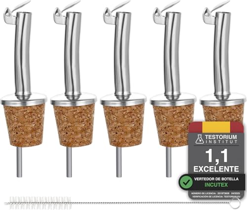 Incutex 5x vertedores de botellas corcho y 1x cepillo de limpieza, boquillas aceite in acero inoxidable con tapón antigoteo, vertedor dosificador aceite, vino, vinagre