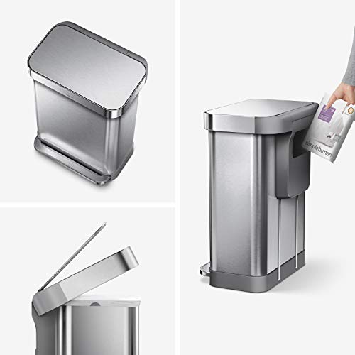 simplehuman 55 Liter Rectangular Hands-Free Kitchen Step Trash Can with Soft-Close Lid, Brushed Stainless Steel