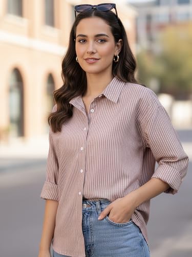 Image of Urbano Fashion Women's Cotton Full Sleeve Oversized Fit Casual Striped Shirt with Spread Collar
