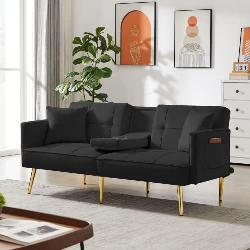 anwickjeff 69'' Modern Velvet Convertible Folding Futon Couch Sofa Bed w/2 Cupholders & Metal Legs, Futon Chair Loveseat Couch Sleeper Chair for Small Space Office Living Room Apartment (Pink)