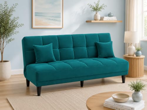 Image of Adorn India Alyssum 3 Seater Sofa Cum Bed 4X6 Velvet 2 Cushions (Color Aqua Blue) and Suitable for All Indoor, with 3 Years Warranty