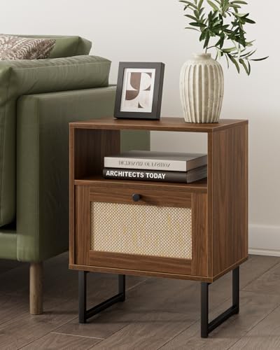 Image of Masupu Rattan Nightstand,Modern Boho Farmhouse Wood Bedside Table with Storage Drawer and Open Shelf,Small Black Frame Side End Table for Bedroom,Living Room,Office (Walnut)