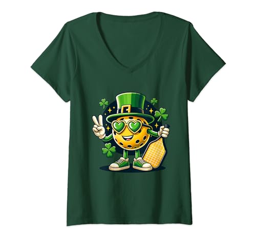 Mujer Divertido sombrero de pickleball de la suerte para el día de San Patricio, trébol irlandés Camiseta Cuello V