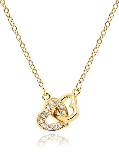 Dainty Double Heart Necklace for Women Gilrs • 14K Gold Plated Mom and Daughter Necklaces • Linked Two Heart Pendant Non Tarnish Choker Jewelry [HN-DB]