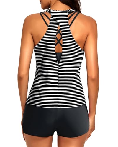 Image of 3 Piece Tankini Long Sleeve Swimsuits Athletic Rash Guard Bathing Suits | Modest,Full Coverage,High Waisted Short,Quick Dry,Criss Cross Back