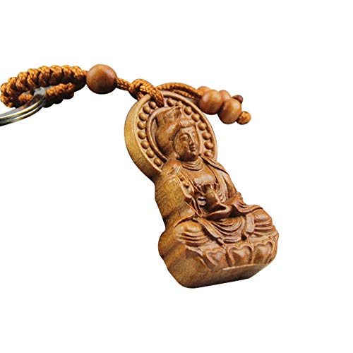 AMOYER Sculpture sur Bois Bouddhisme Chinois Guan Yin Kwan Statue de Bouddha Pendentif Porte-clés Sac pour la Protection Pendentif