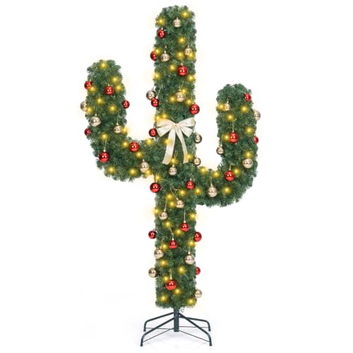 Goplus 6ft Pre-Lit Cactus Christmas Tree with 48 Xmas Balls, Bow