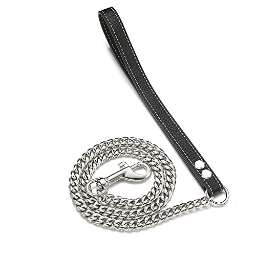 RUMYPET 3FT/4FT/5FT Heavy Duty Silver Dog Chain Leash 10MM Stainless Steel Miami Cuban Link Chain with Durable Genuine Leather Handle for Training Walking(10mm,5ft)…