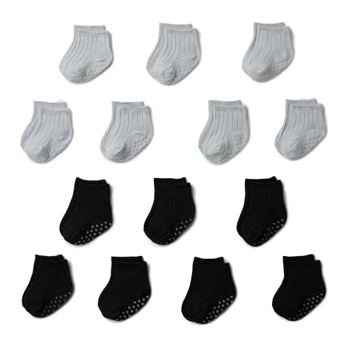 Amazon Essentials Unisex Babies' Non Slip Grip Ribbed Ankle Socks, 14 Pairs, Black/Grey, 12-24 Months