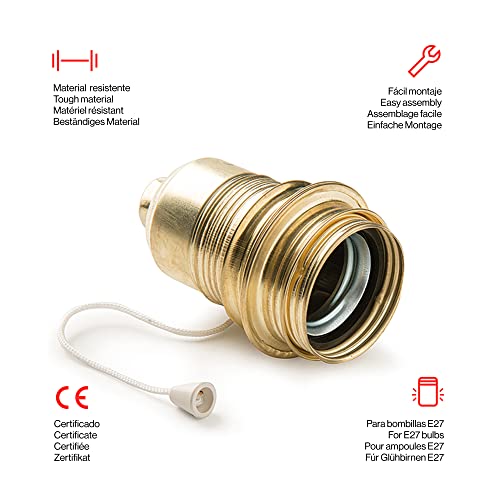 FAMATEL - Threaded Metal lamp Holder with Switch and Washer, Gold - Image 2