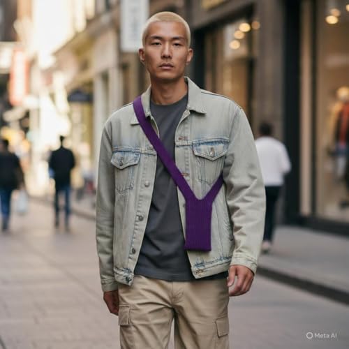 Image of iPhone Pocket features a singular 3D-knitted construction designed to fit any iPhone a beautiful way to wear and carry nitted Scarf with Contrast Stripe Detail, Unisex, (Purple) (Long)