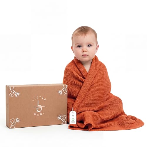 Image of Organic Cotton Baby Blanket 30x40 in, Harvest Pumpkin - GOTS Certified, Soft Knit Swaddle with Gift Box, Breathable Nursery Blanket for Crib & Stroller, Machine Washable