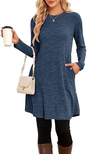 NARRAME Pullover-Kleider für Damen, Winter, langärmelig, Kausale Knöpfe, seitliches Pulloverkleid mit Taschen, XX-Large,Einfarbig Dunkelblau
