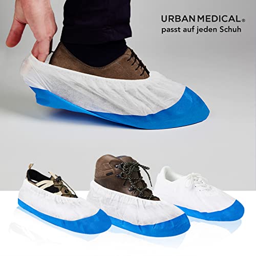 URBAN MEDICAL 100x Extra starke 12g Einweg/Mehrweg Schuhüberzieher mit rutschfester Sohle - LONG LIFE - Wasserdicht & reißfest - Überschuhe für In- und Outdoor - ONESIZE