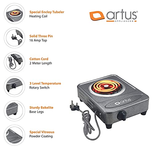 Image of Artus 2000 Watt GALAXY Electric G Coil Radiant Gas Cooking Stove Heater | Induction Cooktop | G Coil Hot Plate Cooking Stove | Works With All Metal Utensils & Cookwares (Ocean Silver, 1 Burner)