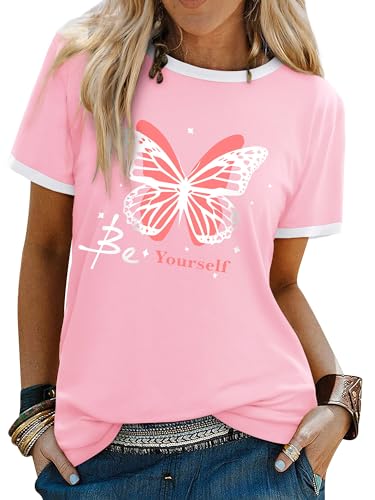 T-shirt motif papillons coton respirant haut manches courtes pour femme