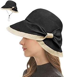 Women Bucket Hat VintageLadies Sun Hat with Chin Strap Wide Brim Fisherman Hat Adjustable UV Protection Summer Hat for Outdoor Gardening Travel Beach