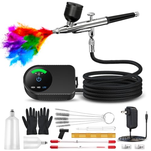 KingMiKi Airbrush Kit with Air Compressor, 22/30/50 PSI High Pressure Air Brush Non-Clogging with 0.2/0.3/0.5mm Nozzle/Cleaning Sets, Ideal for Painting, Modeling, Cake Decor, Makeup,Nail Art