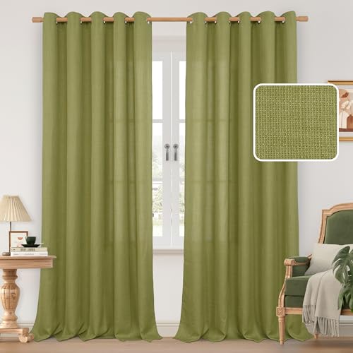 Image of LAMIT 60 Inch Wide Linen Curtains for Bedroom, 84 Inch Faux Linen Textured Light Filtering Privacy Moss Green Drapes Grommet Sheer Panels for Living Room, 2 Panels, 60 x 84 Inch