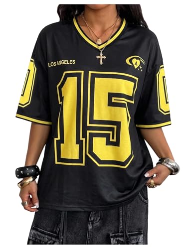 SOLY HUX Jersey Shirts for Women Number Graphic Print V Neck Baggy Tees
