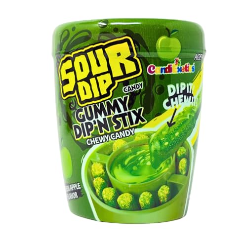 Image of CandiExotics Sour Dip Gummy Dip'N Stix - Green Apple Flavour | Chewy Candy with Liquid Dipping Sugar | 100% Vegan - 96