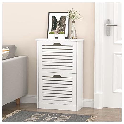 TENNTOU 2 Flip Drawers Shoe Storage Cabinet, Free Standing Shoe Rack, White Wood Slim Shoe Organizer Cabinet for Entryway, Hallway, Bedroom