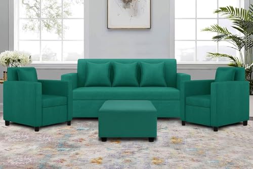 Image of DIVISHA HOMES 3+1+1 Seater Sofa Set with Ottoman - Modern Velvet Fabric Sofa Set for Living Room, Deep Seating Comfort with Cushions - Green Color