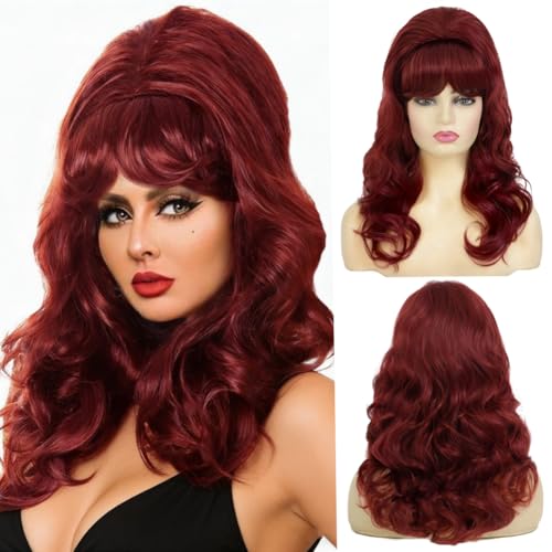 Image of Swiking Brown Red Curly Wig with Bangs Big Bouffant Beehive Wigs for Women 50s 70s Synthetic Wig Halloween Costume Wigs