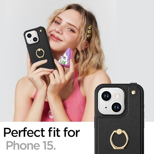 AICase Card Holder Case Compatible with iPhone 15, Compatible with iPhone 15 Wallet Phone Case Leather Protective Cover for Women with Ring Kickstand and 8 Credit Card Slots, Black2