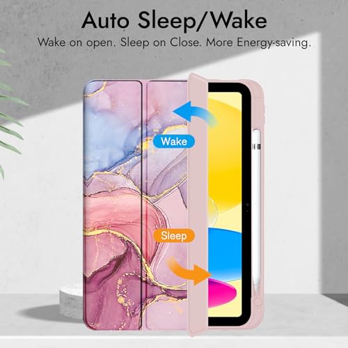Image of Robustrion Cover for iPad 11th (A16) / 10th Generation Cover Case (2025 /2022) [Pencil Holder] (Right Side) [Auto Sleep Wake], Trifold Flip Stand Case for iPad 10th Gen / 11th Generation - Marble Pink