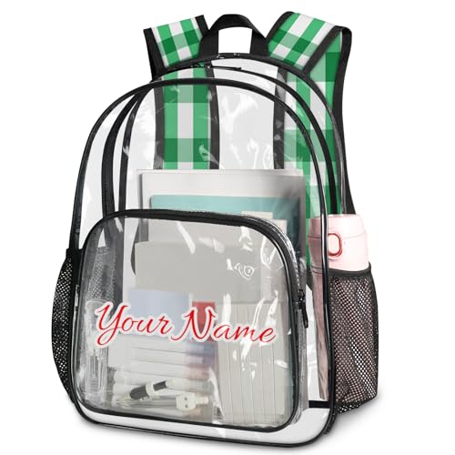 Personalized Large Clear Backpack Stadium Approved Heavy Duty PVC Plastic Custom Green and White Checkered Transparent Backpacks See Through Bag with Name, Plaid Design