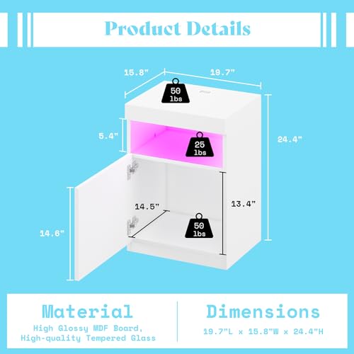 Amerlife CCT015 Modern Nightstand Set Of 2, Led Nightstand With Wireless Charging Station, High Glossy Bedside Table Cabinet With Remote Control, End Tables, 24.4 Inch Bedroom Furniture thumb #1