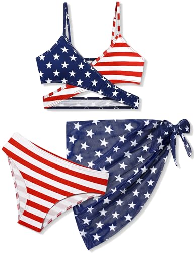 Image of NAPU 4th of July Girls Swimsuit 3 Piece American Flag Bathing Suit Girl Criss Cross Bikini Set with Cover Up 7-16 Years