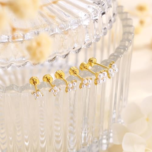 3 Pairs Gold Stud Earrings for Women - Hypoallergenic 14K Gold Plated Screw Flatback Small Earring Set for Multiple Piercing Dainty Tiny Trendy Jewelry for Women4