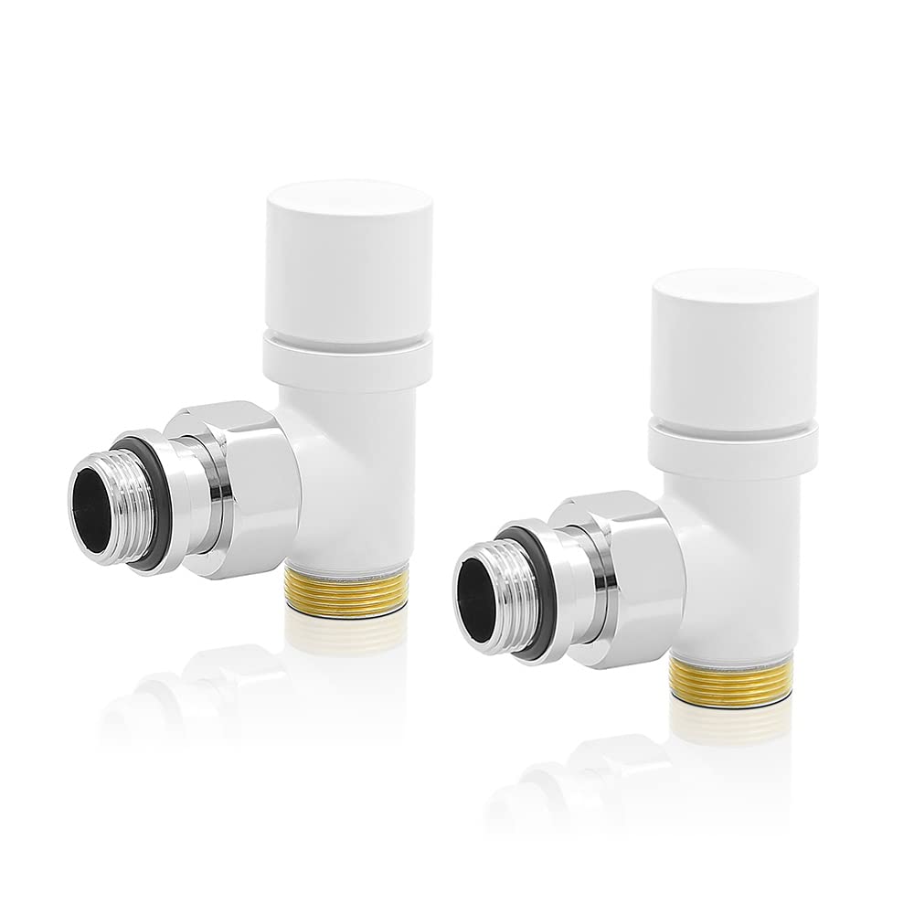 Coppia valvole per termoarredo in acciaio bianco con raccordi per multistrato 16x2 mm, COMPLETA di testa termostatica con sensore a liquido