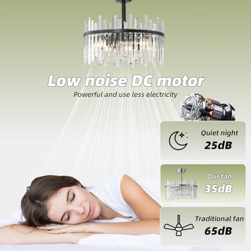 Image of Black Fandelier Ceiling Fans with Lights, Crystal Chandelier Ceiling Fan with Light Remote Control, Mid Century with 6 Speeds for Bedroom, Living Room