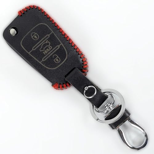 Image of Leather Smart Car Key Cover Case with Metal Hook Keychain for i Old I 20, Old Verna, Old Elentra (Black)