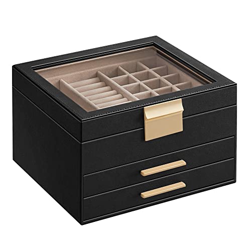 SONGMICS Jewellery Box with Glass Lid, 3-Layer Jewellery Organiser with 2 Drawers, Jewellery Storage, Plenty of Storage Space, Modern Style, Gift for Loved Ones, Graphite Black and Gold JBC239B03