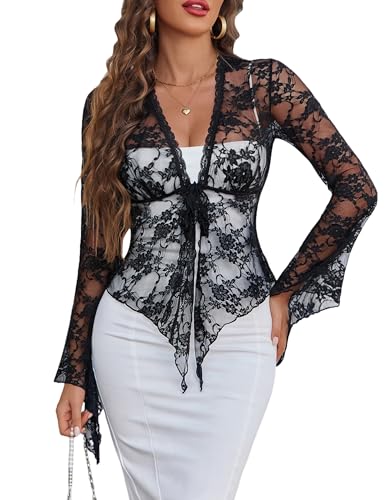 Avidlove Womens Sheer Shrugs Lace Bell Sleeve Bolero Cardigan Going Out Shawl Top Black