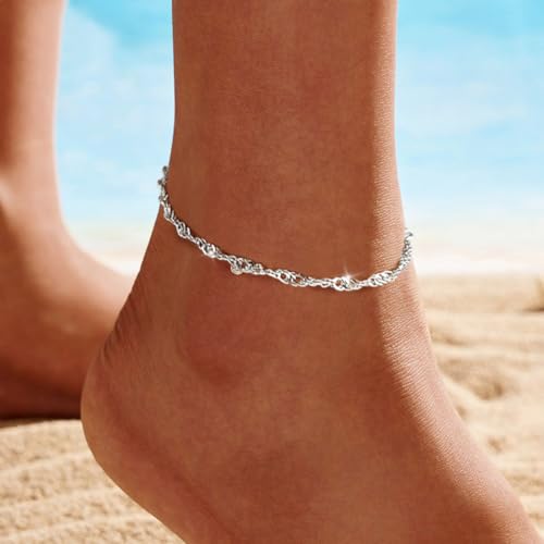 Image of Gold Anklet Silver Ankle Bracelets for Women, 14k Gold Plated Anklets for Women Waterproof Adjustable Hypoallergenic Cute Dainty Simple Twist Chain Anklet Trendy Foot Jewelry Gift