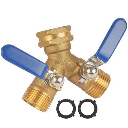 Hose Splitter 2 Way Heavy Duty, Full Flow Garden Hose Splitter with Large Easy-Turn Handle, 3/4 Inch GHT Brass Water Hose Splitter for Outdoor Faucet, Y Valve Hose Bib Splitter