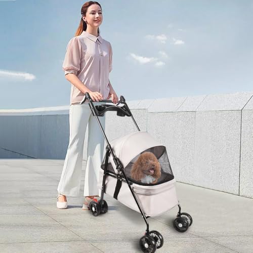 Homewell Klappbarer Haustierwagen mit Getränkehalter, Hundewagen & Katzenwagen, Leicht & Bequem mit Sicherheitsgurt, Atmungsaktiv, Stauraum, bis 20kg (Weiß)