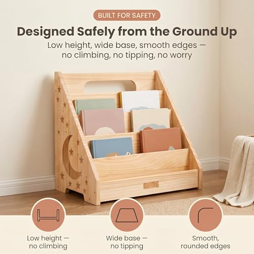 Image of Montessori Bookshelf for Kids 16.5 inch Wide, Natural Wood Front Facing Bookcase, Toddler Book Organizer for Nursery and Playroom, Children's Reading Display Shelf Ages 1-3