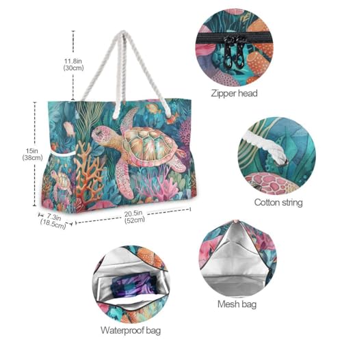 Image of Beach Tote Bags for Women, Turtle Flower Starfish Large Beach Shoulder Bag Pool Bags Purse
