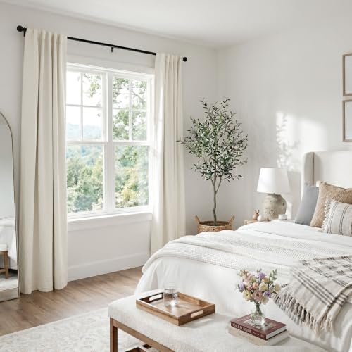 Image of Faux Linen Total Blackout Curtains for Bedroom 84 Inches Long, Beige White | 100% Blackout Shield, Back Tab /Rod Pocket Living Room Drapes, Thermal Insulated Blackout Curtains 2 Panels Set, 50 inchW x 84 inchL