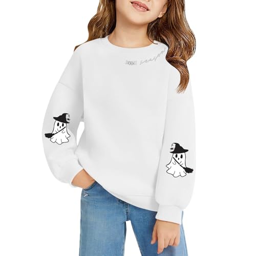 Teen Girls Pullover Sweatshirts Halloween Ghost Graphic Long Sleeve Crew Neck Tops Clothes Kids Cotton Warm Fall4