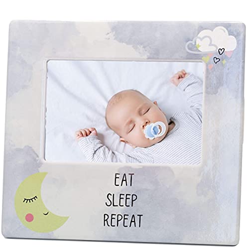 Banberry Designs Baby Picture Frame - Eat Sleep Repeat - Moon And Cloud Design - Holds 4 X 6 Picture - 8" X 7.25" #TOP12